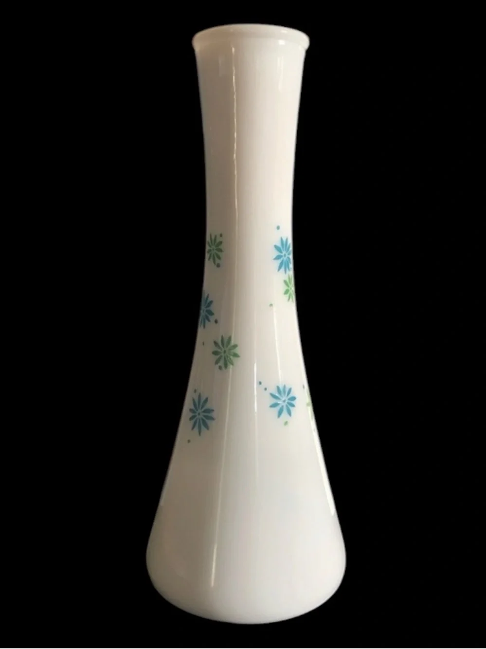 Vintage White MilkGlass Bud Vase w Blue Flowers